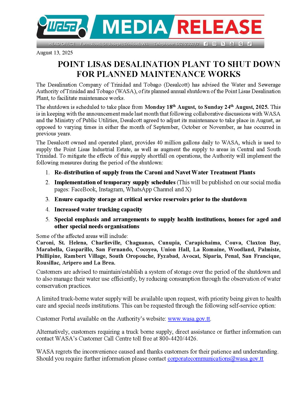 Planned shutdown of Pt. Lisas Desal Plant